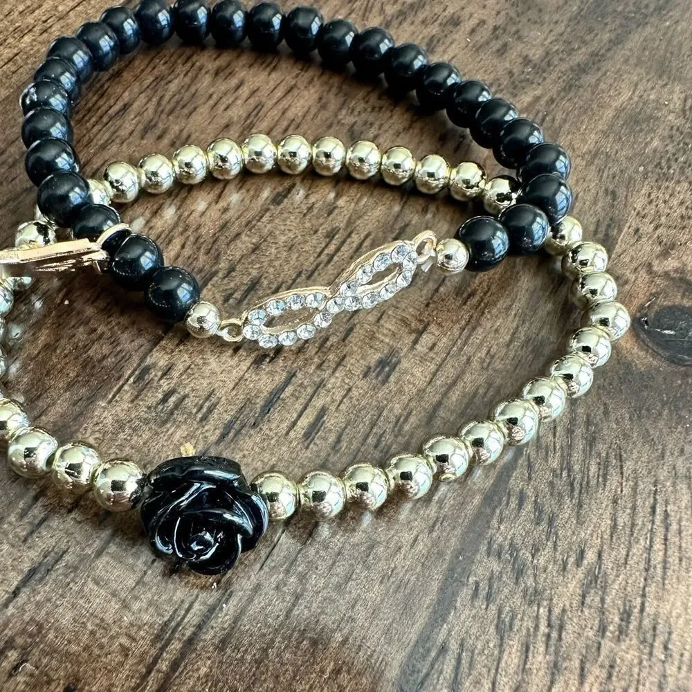 NWT- 4pc Beaded Bracelet Boho Style Butterfly Charm Adjustable Black Silver Gold